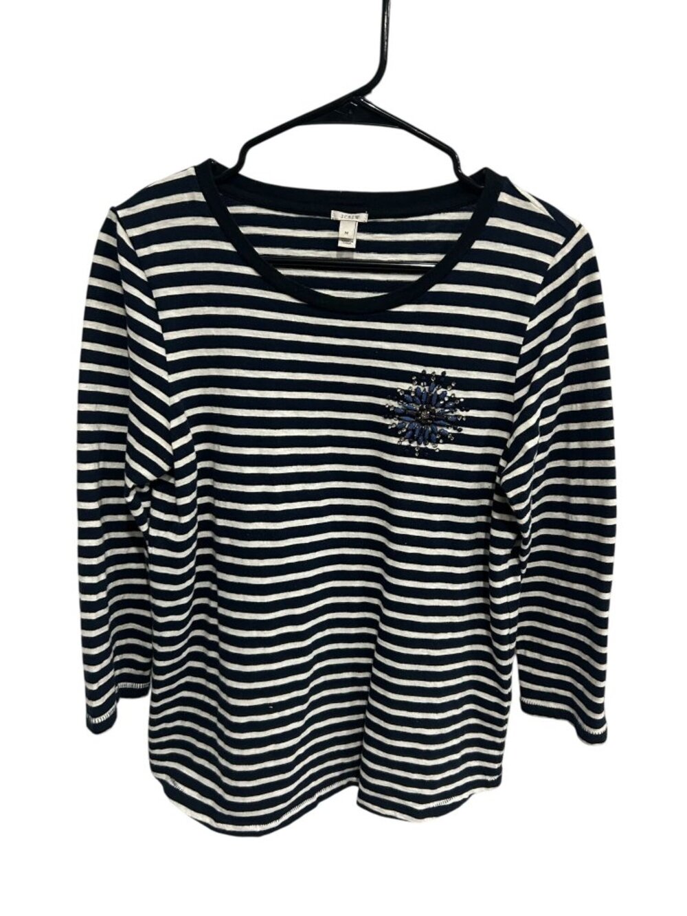 J.Crew Medium Striped Rhinestone Crewneck Top Cotton Parisian Statement Style